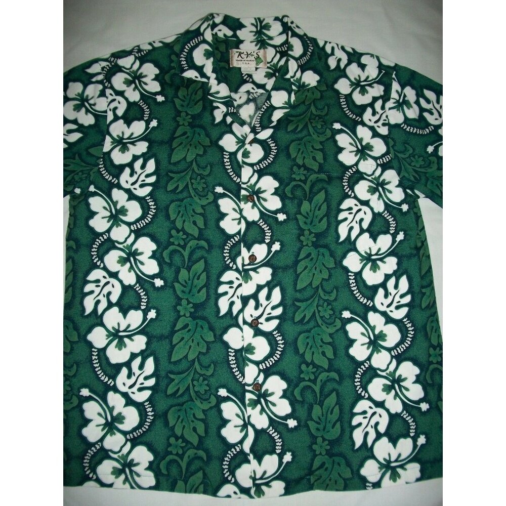 Ky's Hibiscus Flowers Leaves Leis Green Teal Hawaiian Short Sleeve Shirt Large L